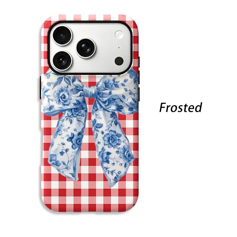 Classic Red Gingham Blue Floral Motif Bow Art Graphic Film Aesthetic Protective Shockproof Bumper Phone Case Cover For iPhone 14 15 16 Pro Max Plus