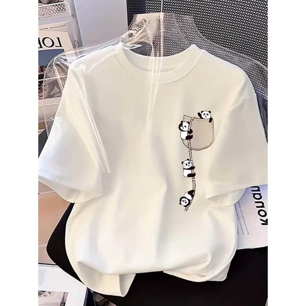 

Women Oversized Panda Print Short Sleeve Tee 2026 New Summer Casual Loose Daily Wear Streetwear Round Neck Top M