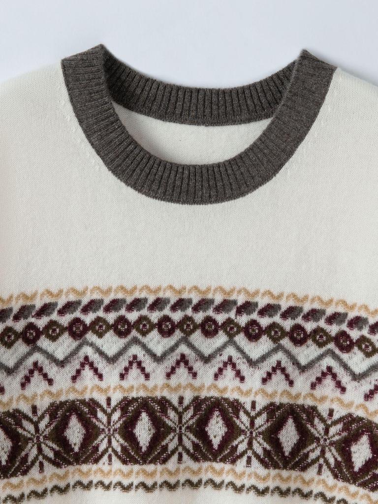 New Jacquard Cashmere Fair Isle Color Block Pullover with Five-Point Sleeves - Perfect for Autumn and Winter