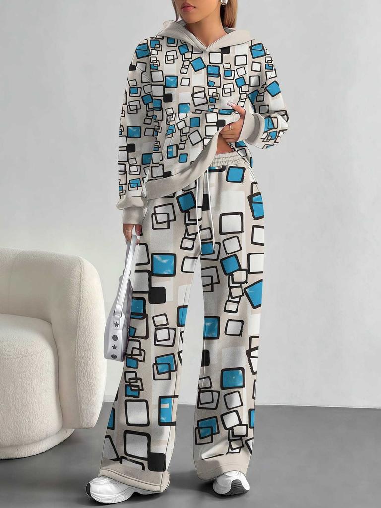 Striped European and American Autumn Casual Geometric Figure Long-sleeved Suit Women's Hooded Sweater Trousers Two-piece Set