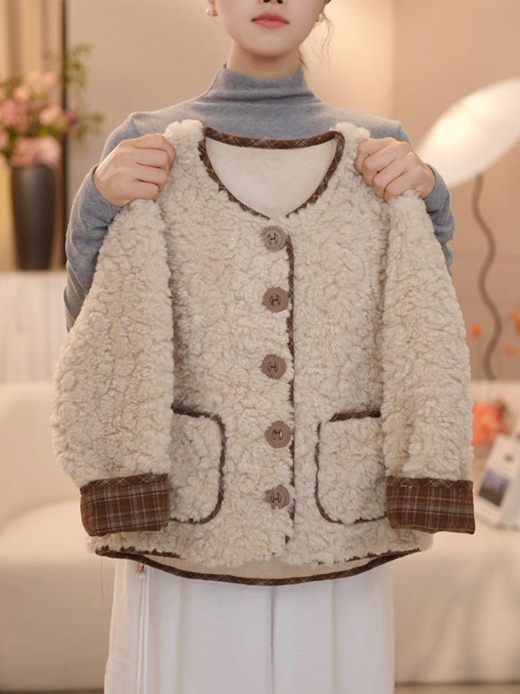 

Девичье пальто из ягнячьей шерсти на флисовой подкладке 2025: Осенне-зимний цельный свитер-топ 130 cm