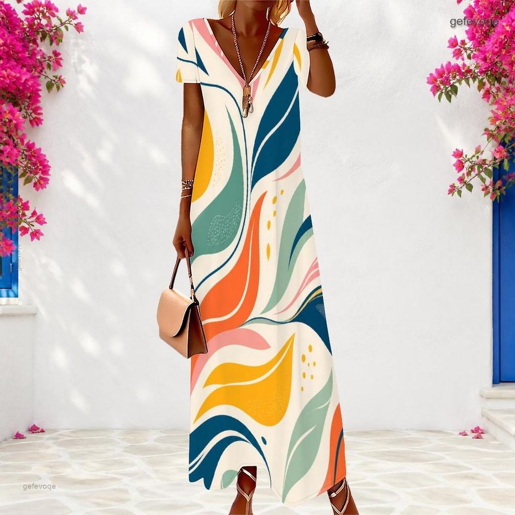 Women Plus Size V Neck Short Sleeve Colorful Printed Long Dress
