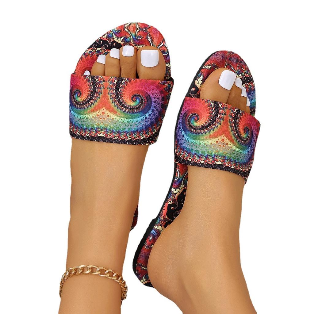 European and American foreign trade large size graffiti flat bottom one-word drag shoes women's new outer wear candy color square head beach sandals