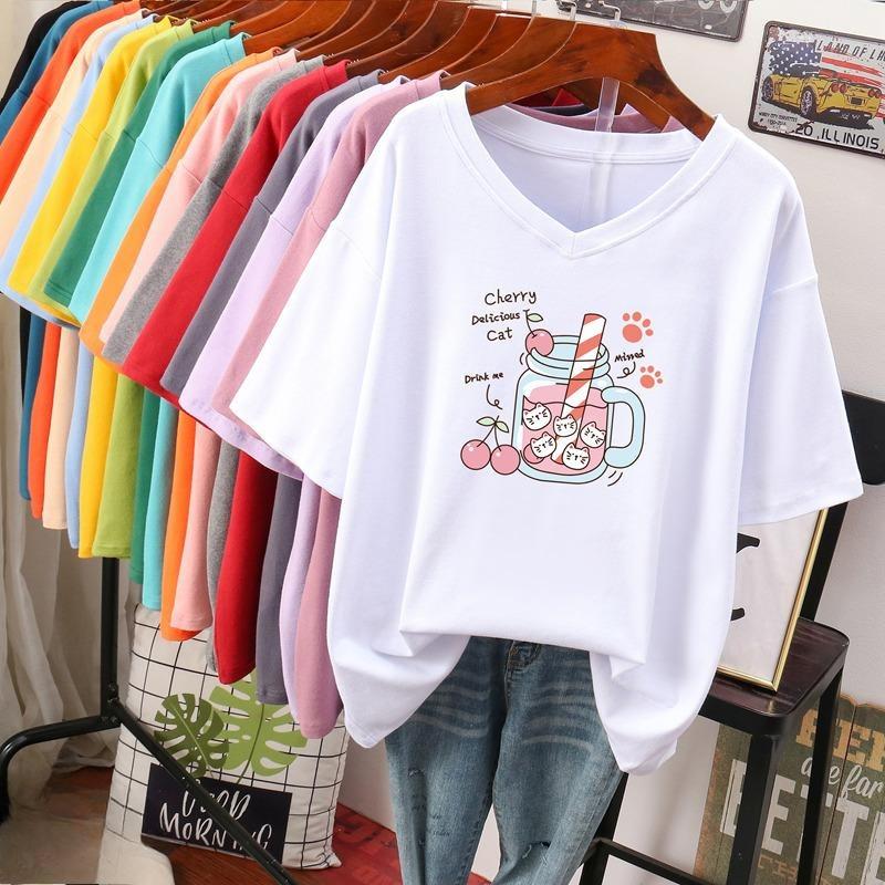 

Short-sleeved T-shirt for Women, Large Size, Loose and Slimming, Printed V-neck Top S білий