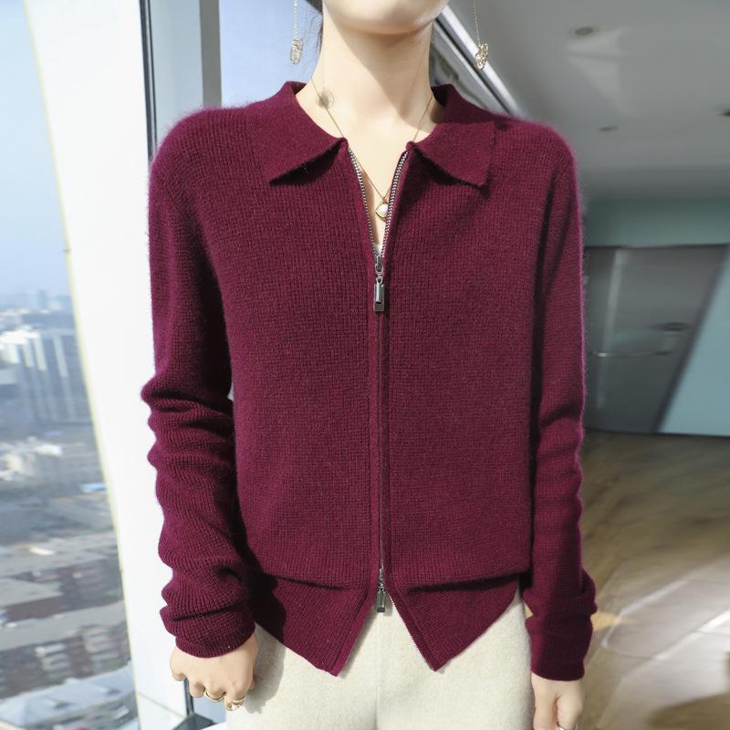 

Autumn and Winter POLO Neck Wool Needle Cardigan Women s Double Zipper Loose Versatile Knitted Sweater Top Coat S