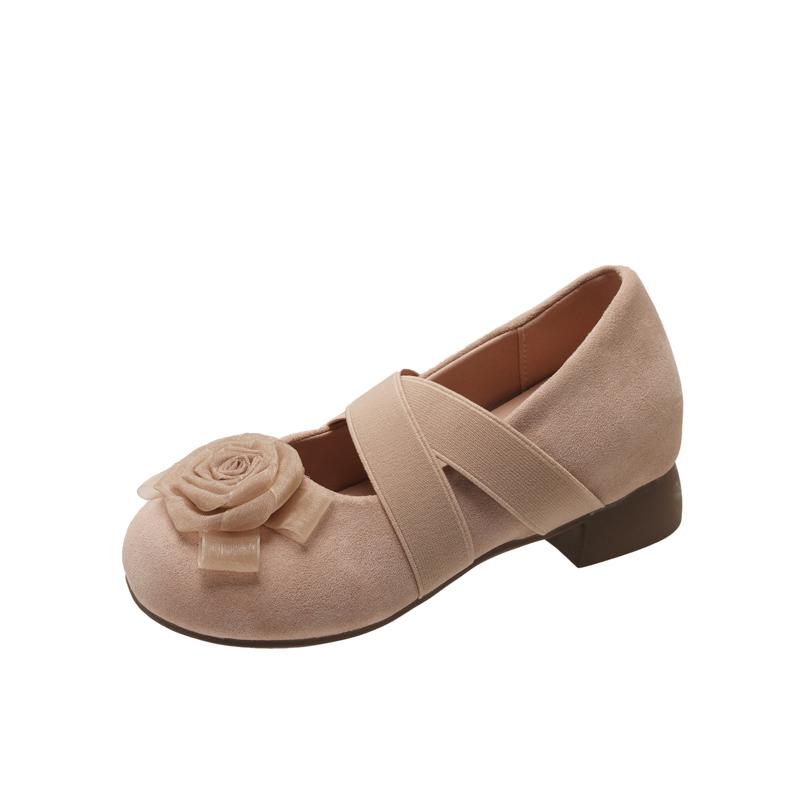 Women Pumps French Style Spring New Elegant Heels Flower Sweet Round Toe Shoes Women Cross Strap Slip-on Casual Ballet Shoes