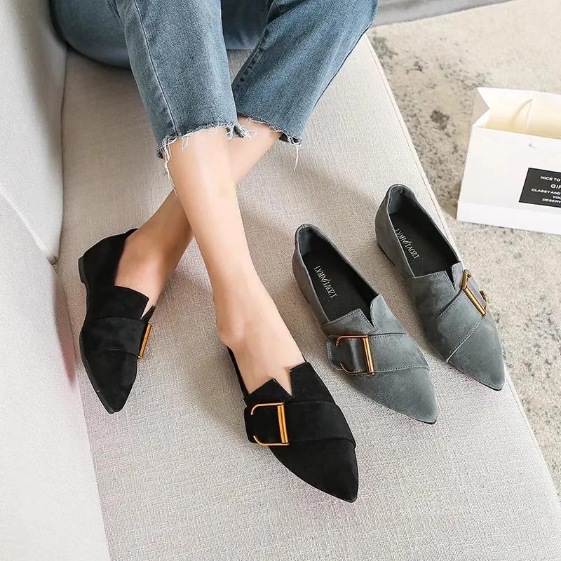 Women's Pointed-Toe Flat Suede Shoes - Soft Leather Pea Shoes for Spring and Autumn