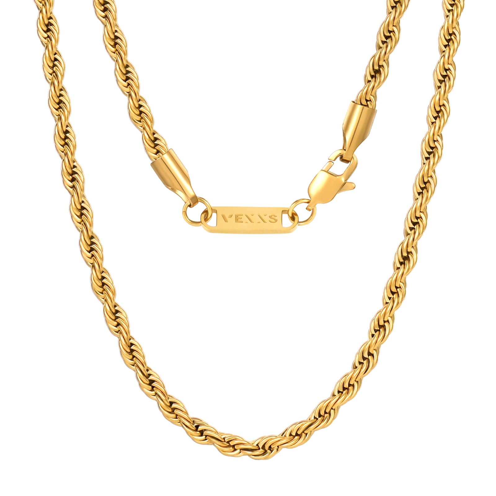 

[VEXXS] Rope Chain Necklace for Men, 3/4/5mm Width, K18 Gold Plated, Unisex Accessory, 46-66cm