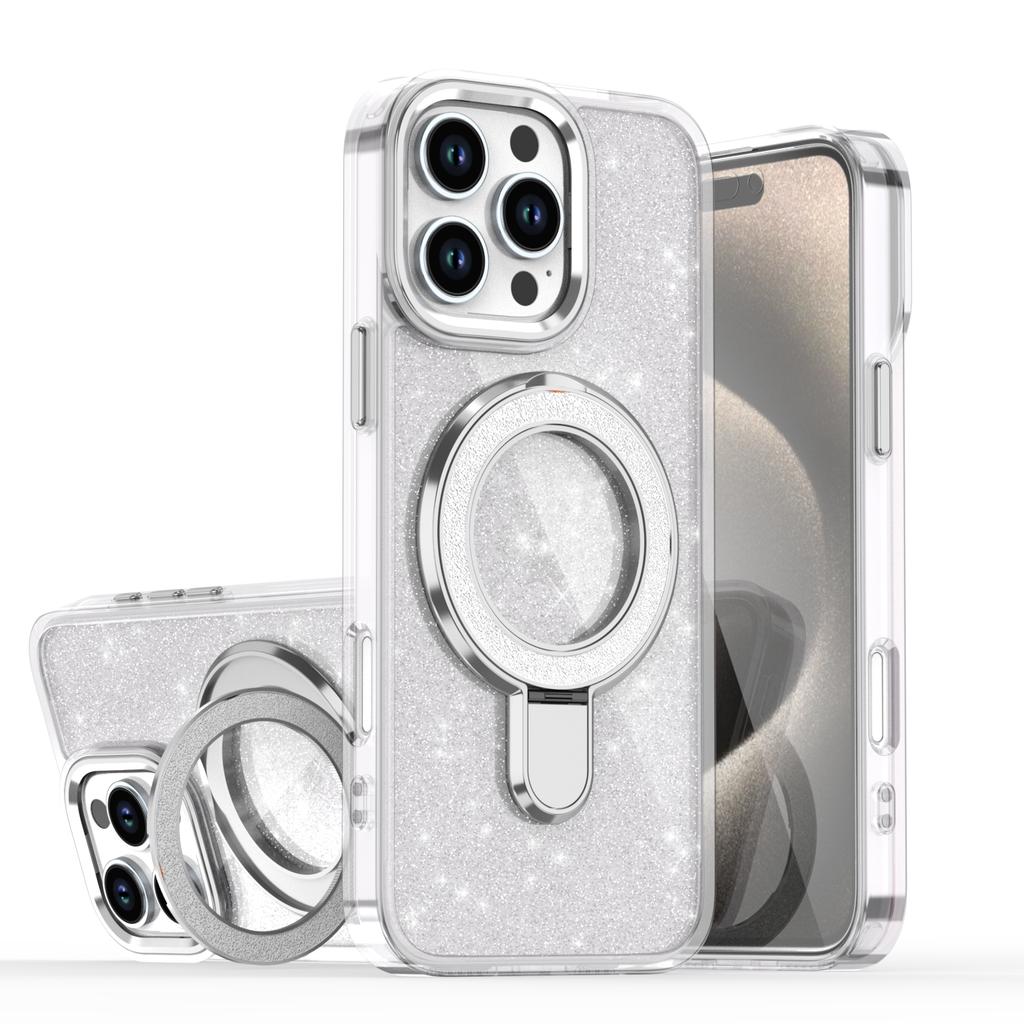 Luxury Glitter Metal Stand Magnetic Wireless Charging Clear Case For iPhone 16 15 14 Plus 13 12 17 Pro Max 17Air Magsafe Cover