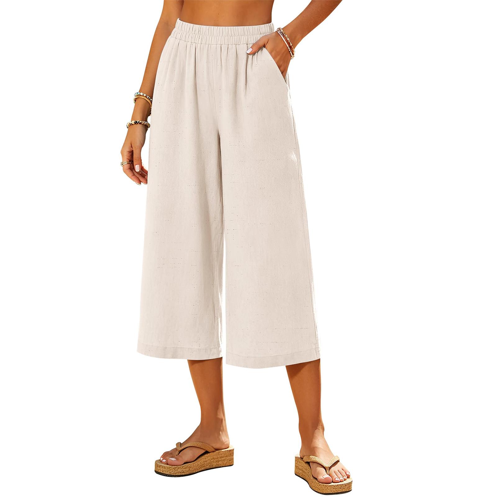 Women Wide Leg Cropped Pants with Pockets Elastic Waist Summer Beach Holiday Casual Loose Fit Trousers for Daily Wear M хаки