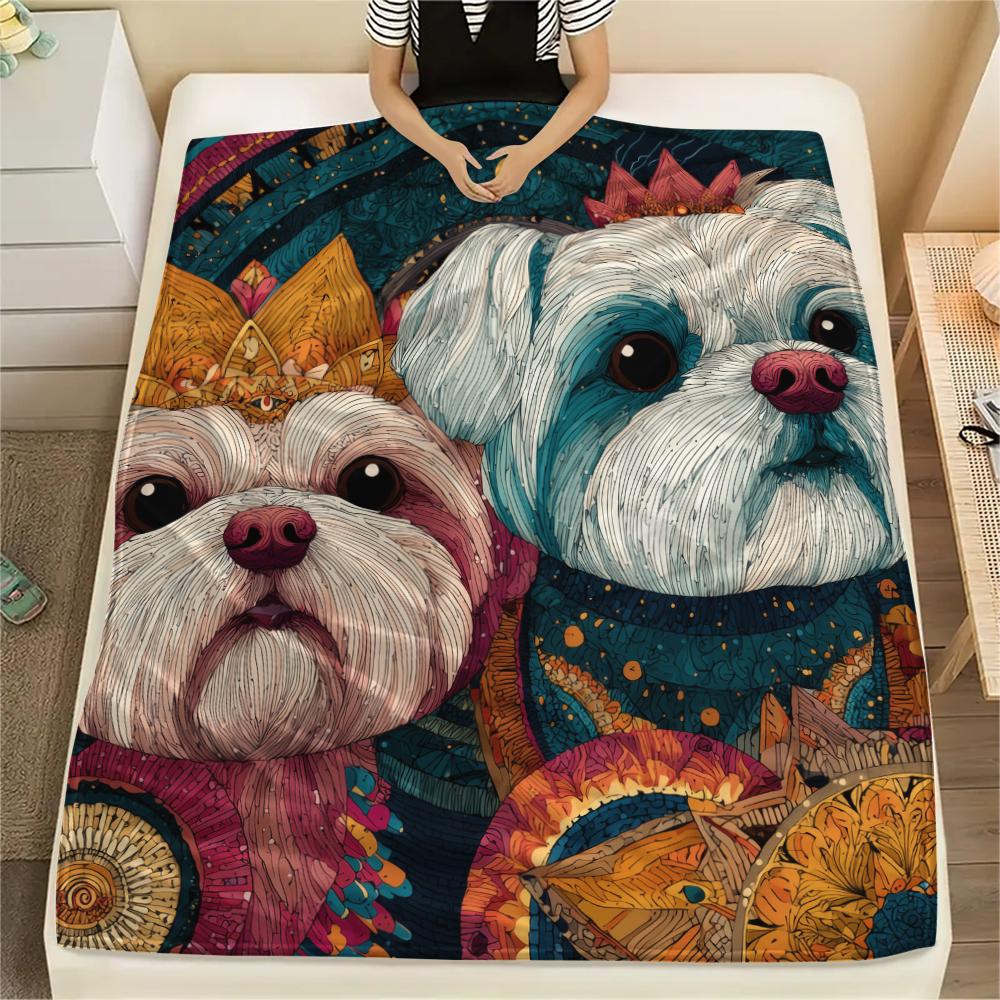 Colorful Maltese dog,pattern Flannel Blanket, High quality Comfortable for All Seasons, Home Decor, Warmth and Comfort, Perfect for Gifts.