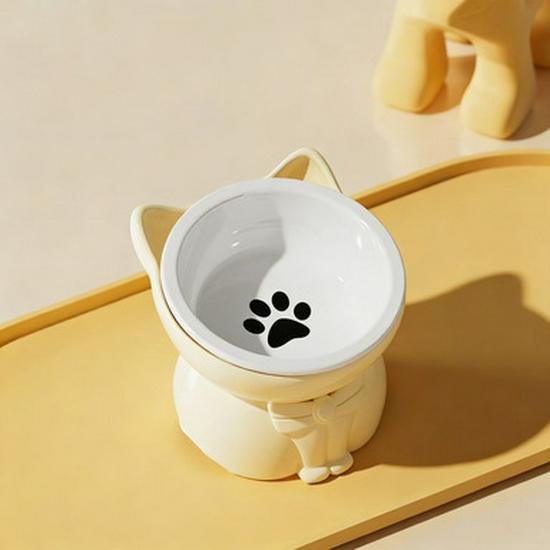 Integrated Cat Food & Water Bowl, Cute Ceramic Design, Sloped Mouth, High-Legged for Cervical Protection