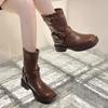 Fashion Punk Style Buckle Strap Mid-Calf Boots Women Black PU Leather Platform Western Boots Woman Big Size Square Toe Thick Heels Boots