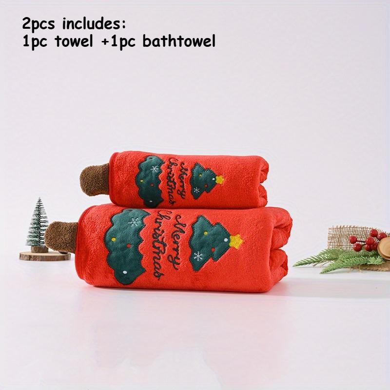 2pcs Christmas Family Set with Snowman, Reindeer & Santa Design Towels Ultra-Soft Coral Fleece Bath Towel, High Absorbency Gift