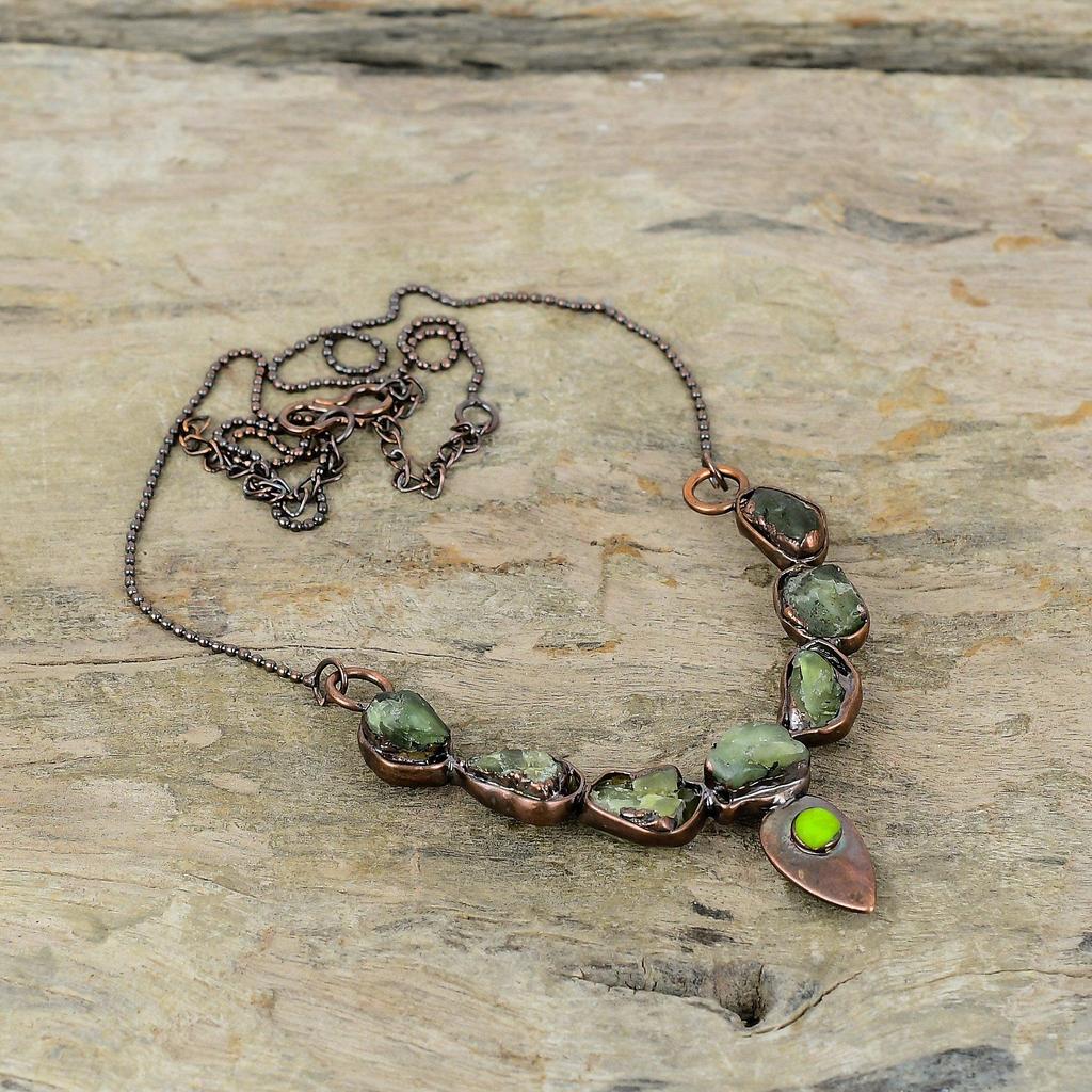Green Tourmaline Rough Necklace Electroformed Copper Necklace Real Gemstone Jewelry Adjustable Chain Necklace Handmade Electroformed Jewelry
