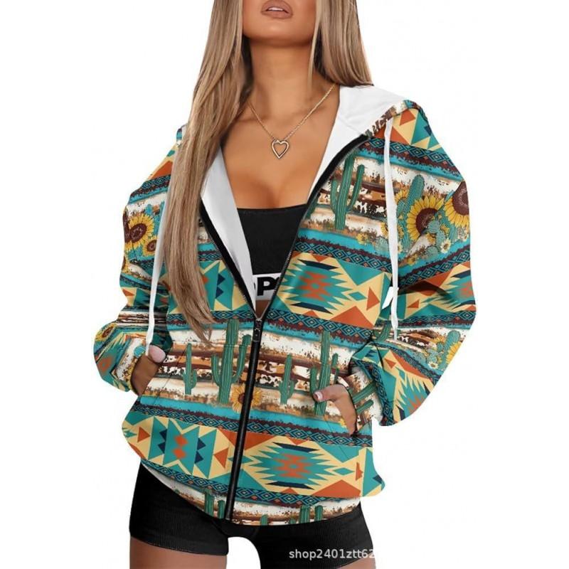 Vintage Ethnic 3D Printed Zip Up Hoodie Loose Fit Horse Geometric Graphic Sweatshirt Women