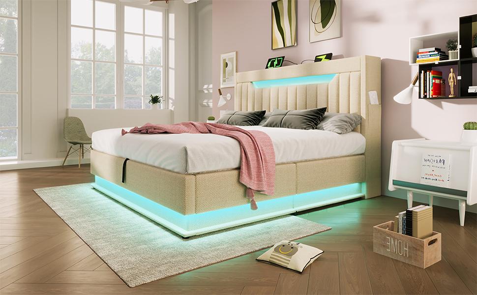 Letto Matrimoniale Imbottito 140x200cm, Testiera con Contenitore, USB, Tipo-C, Illuminazione LED alla Testata e ai Piedi, Contenitore Idraulico, Beige, Lino (Senza materasso)