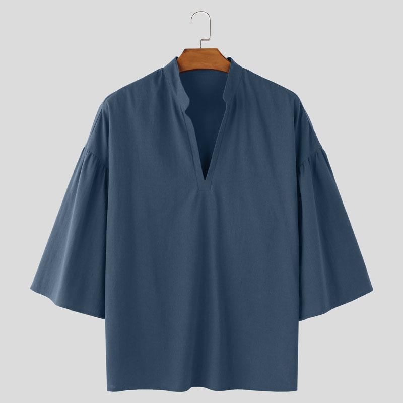 INCERUN Vintage Oversized Men Stand V Neck 3/4 Sleeve Casual Loose T-shirts