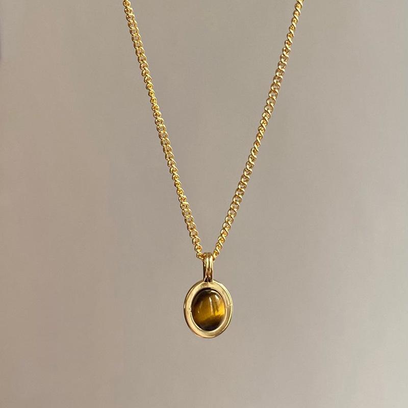 

Fashion Tiger Eye Stone Necklace Glossy Retro Fashion Small Elliptical Brown New in charm Pendant Banquet Gift 45cm золотий