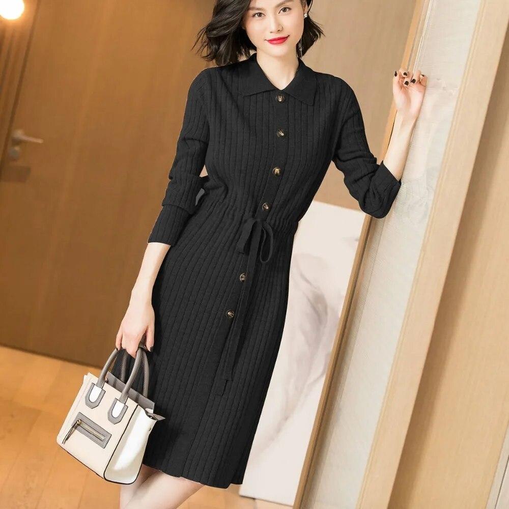 Casual Blue Knitted Dress Women High Waist Long Sleeve Dress Female Autumn Turn-down Collar Button Ladies Dresses