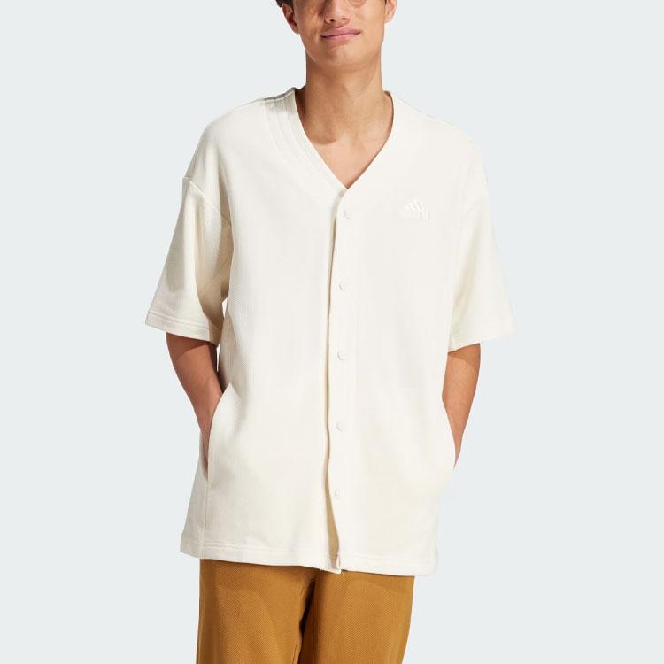 adidas Lounge Piqué Terry Baseballshirt Einfarbig V-Ausschnitt Einreihig Kurzarm Herrenhemden Weiß IN1734