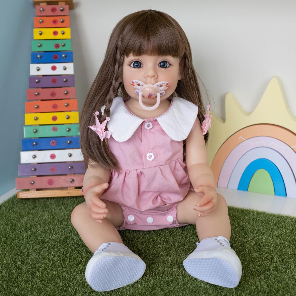 NPK 55cm SueSue Full Body Silicone Reborn Toddler Doll Hand-detailed Painting with Brown Long Wig Hair