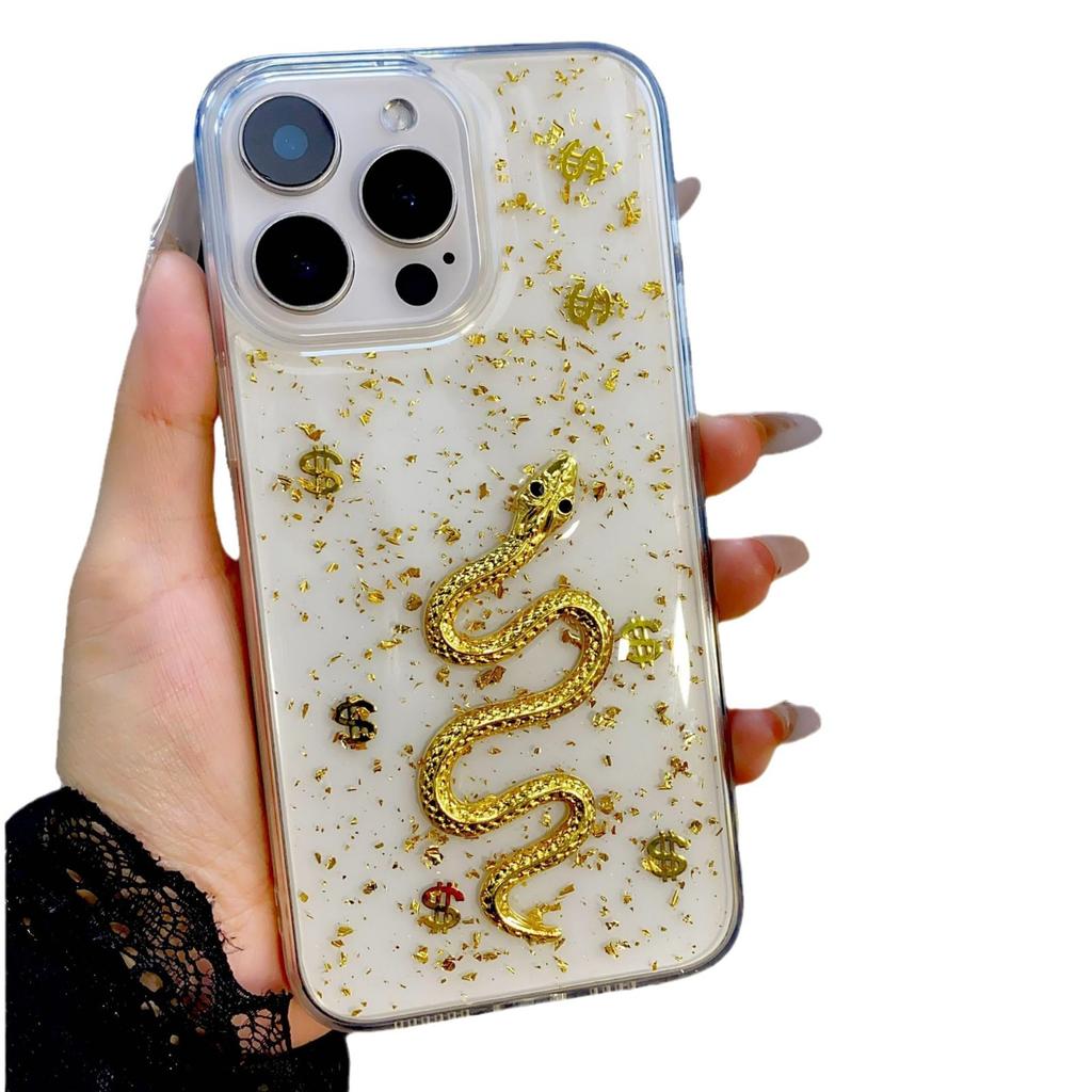 Epoxy Gold Foil Compatible with iPhone 16 Pro Max Phone Case New Year 14 Snake Year Apple 15 Transparent TPU Soft Cover