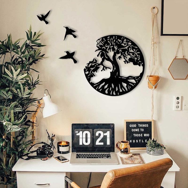 Tree of Life & Birds Metal Wall Art Indoor Outdoor Hanging Iron Decoration Black 30x30cm