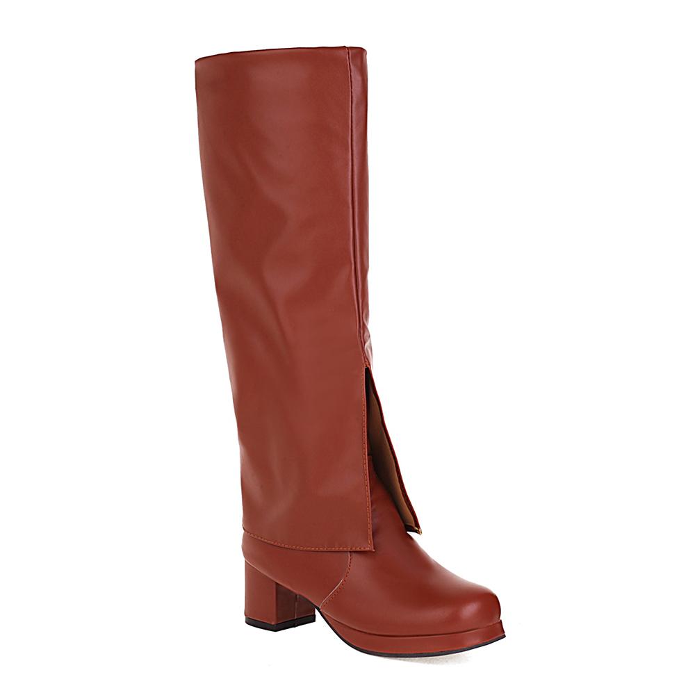 

Ботильоны до середины икры с квадратным носком, средним каблуком и отворотом, модные ботинки для подиума, удобная искусственная кожа, осенняя мода, женские ботильоны до середины икры 39 коричневый