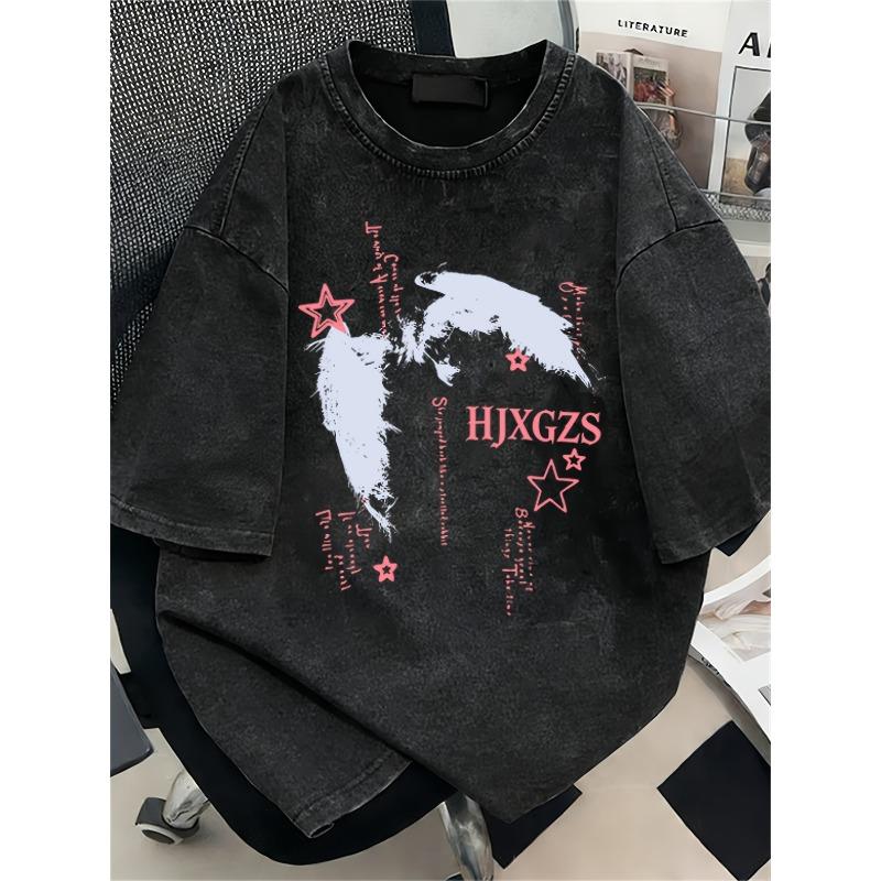 Vintage Washed T-Shirt Wing Star Letter Graphic Print Loose Tee