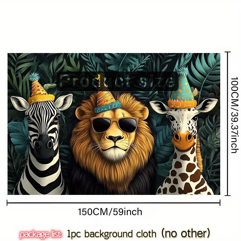 Birthday Party Animals Backdrop Funny Safari Lion, Zebra and Giraffe Photography Background