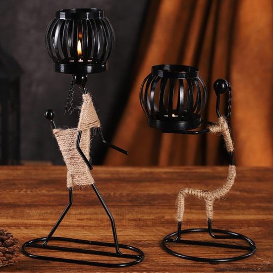 Human Figure Iron Candle Holder Handmade Metal Jute Rope Candlestick Nordic Boho Home Decor for Dining Table Bar Countertop Wedding Restaurant