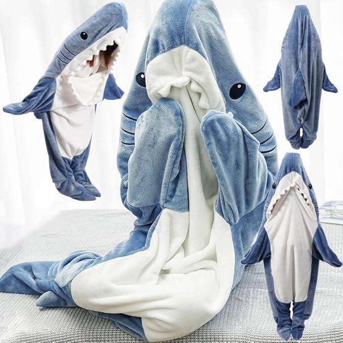 Autumn-Winter Cartoon Shark Flannel Sleeping Bag – Warm, Thick, One-Piece for Couples & Adults