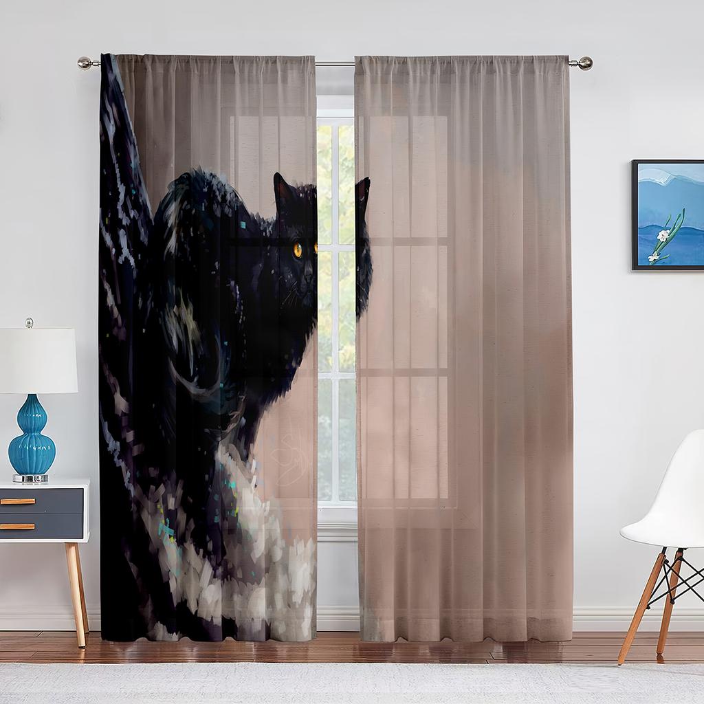 Black Cat Big Eyes Animal Grey Tulle Curtains for Living Room Bedroom Decoration Transparent Chiffon Sheer Voile Window Curtain