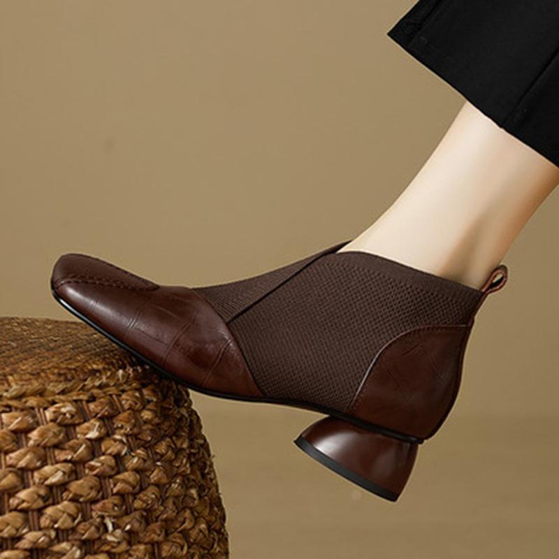 Square Toe Women's Ankle Boots Elegant Designer Mid Heels Shoes  Fashion Party Winter Boots New Walking Knitting Mujer Botas