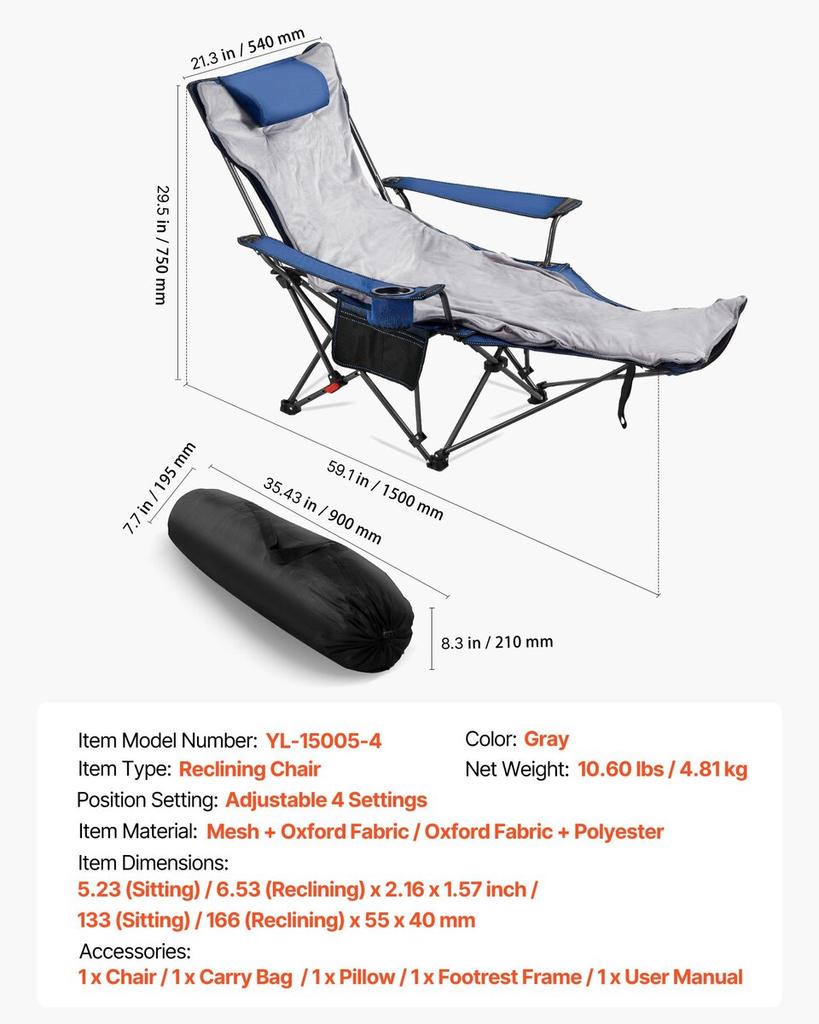 Reclining Camping Chair, 4 Adjustable Positions, Portable Folding Lounger for Adults, Mesh Beach Chair with Footrest & Plush Cushion, Supports 220