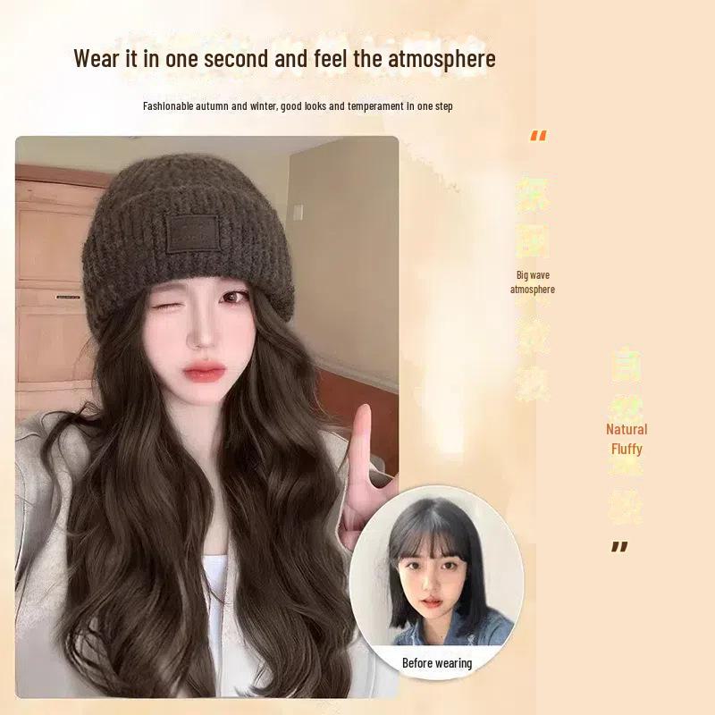 Damska Modna Dzianinowa Czapka Peruka z Odpinanymi Kręconymi Włosami na Jesień/Zimę