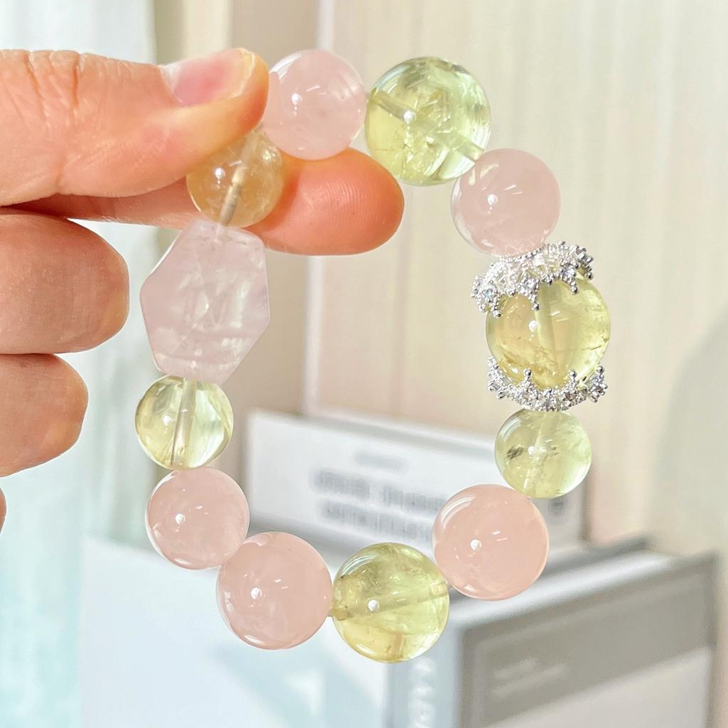 13-16Mm Large Particle Natural Lemon Citrine Madagascar Rose Quartz Bracelet