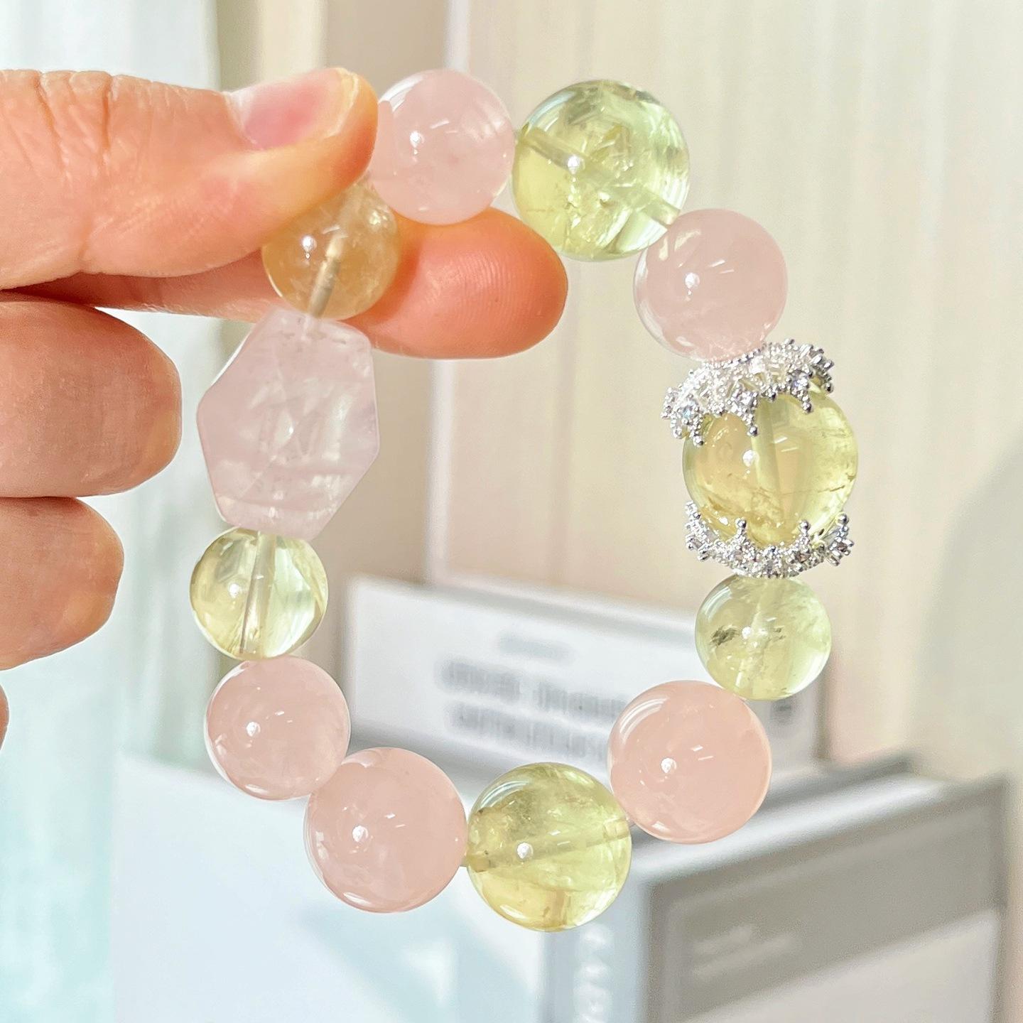 13-16Mm Large Particle Natural Lemon Citrine Madagascar Rose Quartz Bracelet