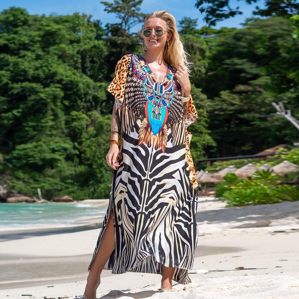 EDOLYNSA Bedruckte türkische Robe mit Fledermausärmeln, Sommer-Tunika, Plus-Size-Bademode, Cover-Up für Damen-Bademode, blaue Kaftan-Kleider, Q1415