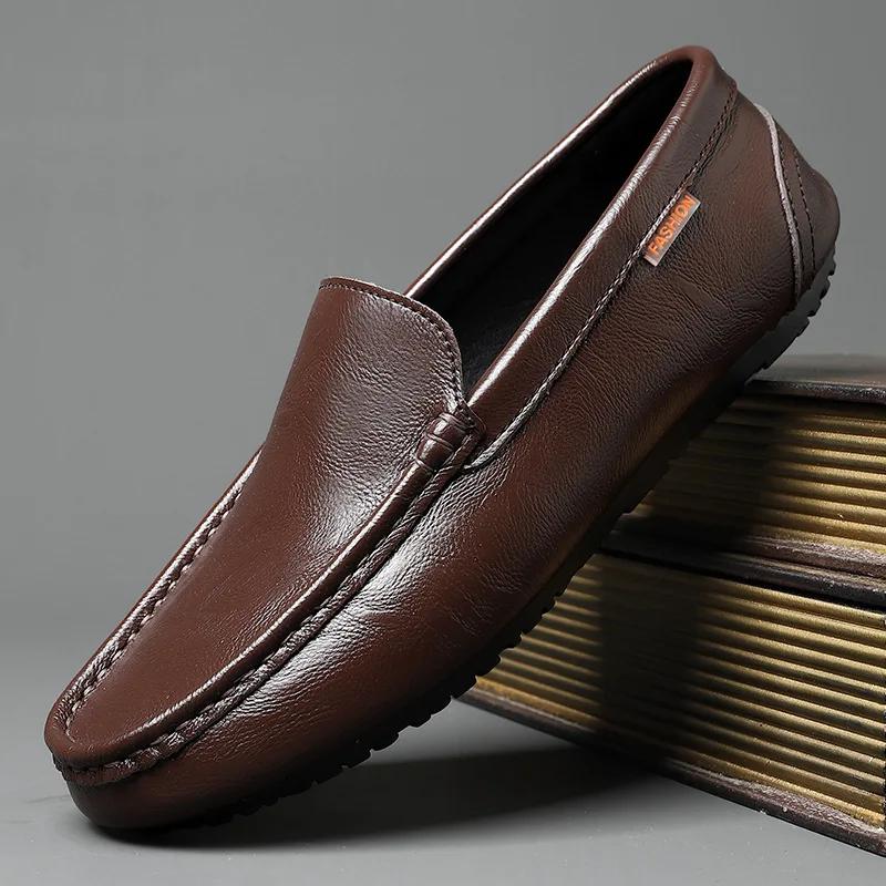 2025 Genuine Leather Men Casual Shoes Luxury Brand Soft Mens Loafers Breathable Slip on Black Driving Shoes Plus Size