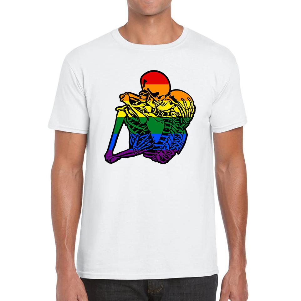 

Kissing Skeletons Gay Pride LGBT Gay Skull Halloween LGBTQ+ Rainbow Pride Month Mens Tee Top 4XL