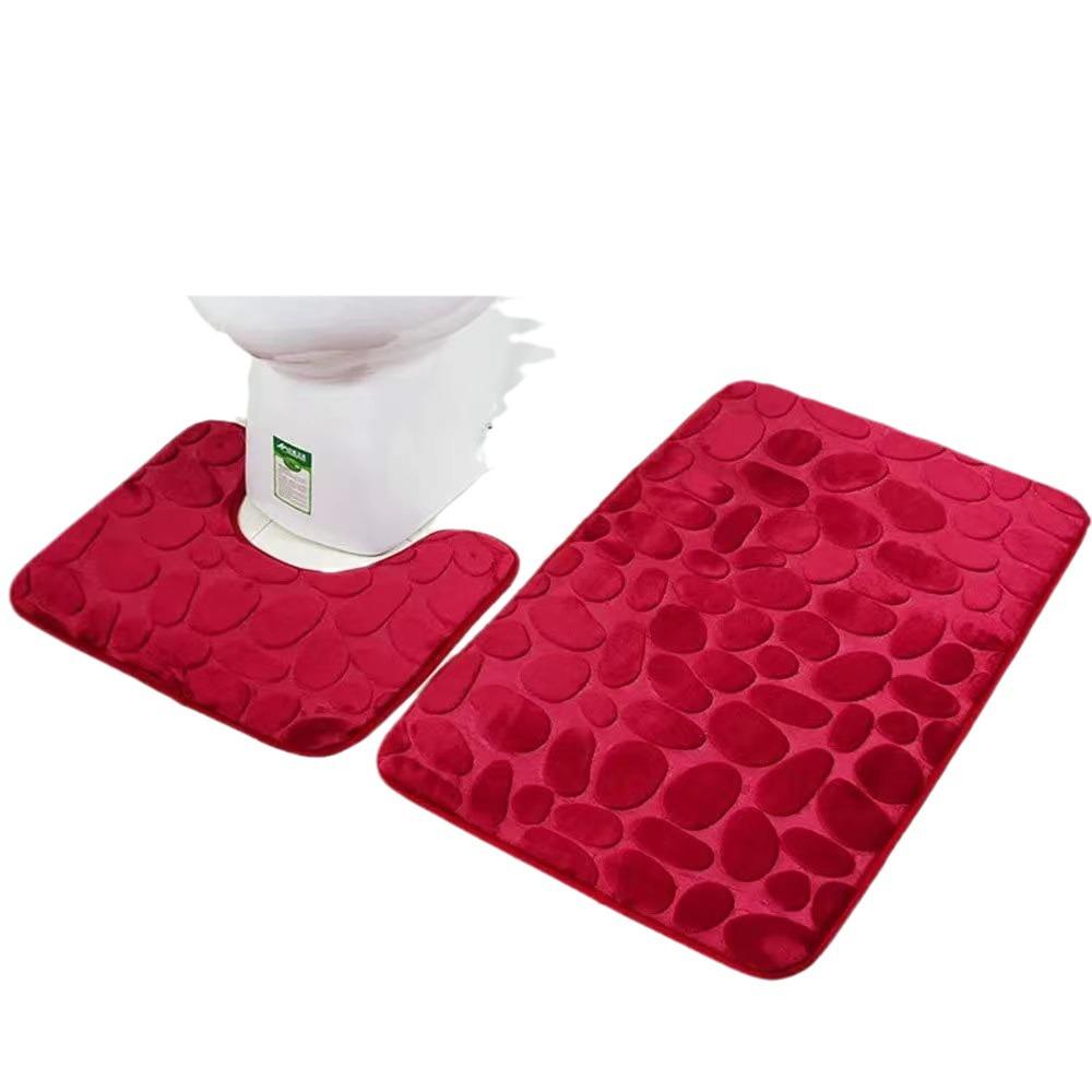 Embossed Coral Fleece Bathroom Floor Mat & U-Shaped Toilet Mat Set - Water Absorbent Design