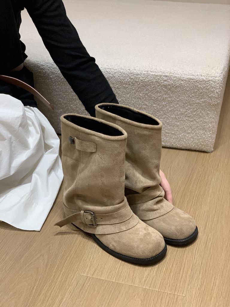 Short boots women's autumn 2025 new belt buckle thick heel cowboy boots Martin boots wear pleated stacked pants tube boots
