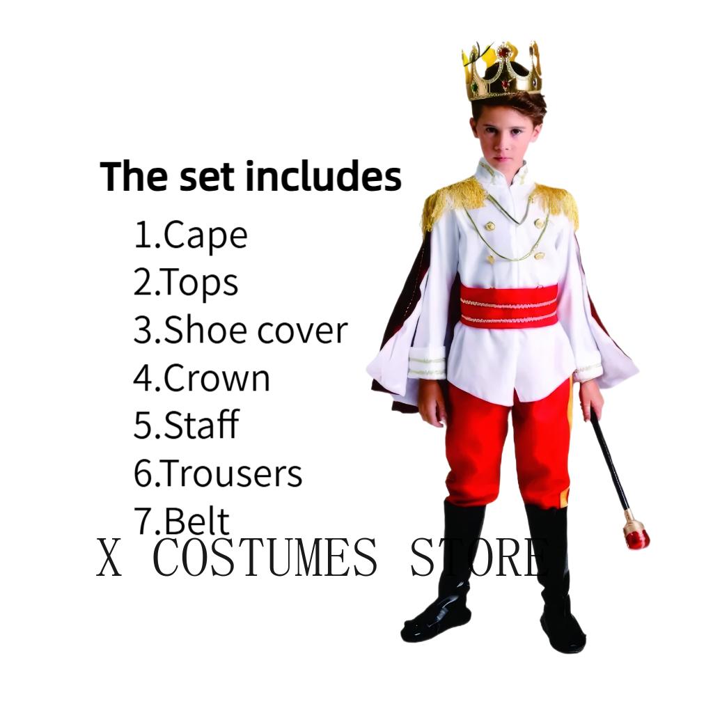 Jongens Koning Prins Cosplay Kostuum Prins Kroon Scepter Mantel Koninklijk Pak Halloween Verjaardag Carnaval Kostuums Verkleedkleding 110 white