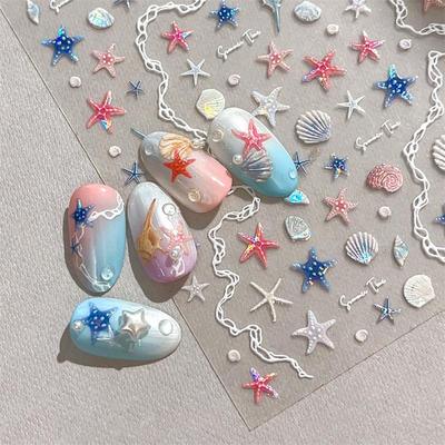 1 Blatt 5D Sommer Muschel Nagelsticker Glänzend Geprägt Seestern Nagelsticker Sommer Strand Meer Schneckenhaus Nagel Abziehbilder Dekoration