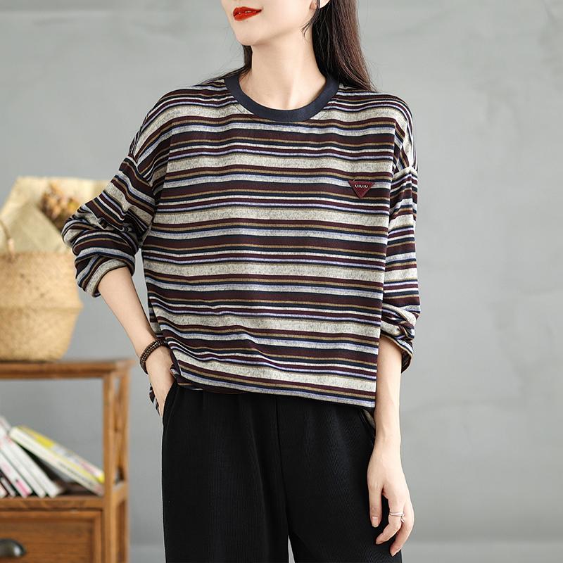 

Новые женские свободные топы больших размеров с длинным рукавом и круглым вырезом, повседневные, осенние, базовые, футболки, новые полосатые свитера XL чёрный