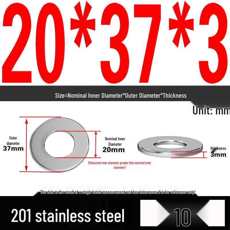 201 Stainless Steel Flat Washer Shim, GB97, Sizes M3 to M30