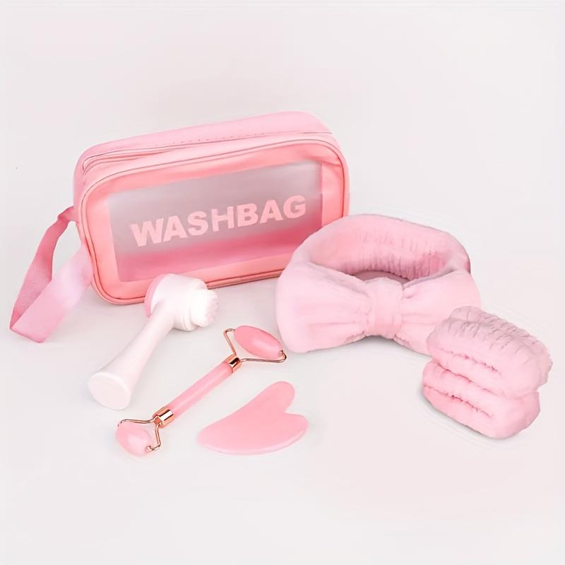 

7-piece facial cleansing and massage set with a silicone dual-ended brush, dual-ended roller, and heart-shaped gua sha tool