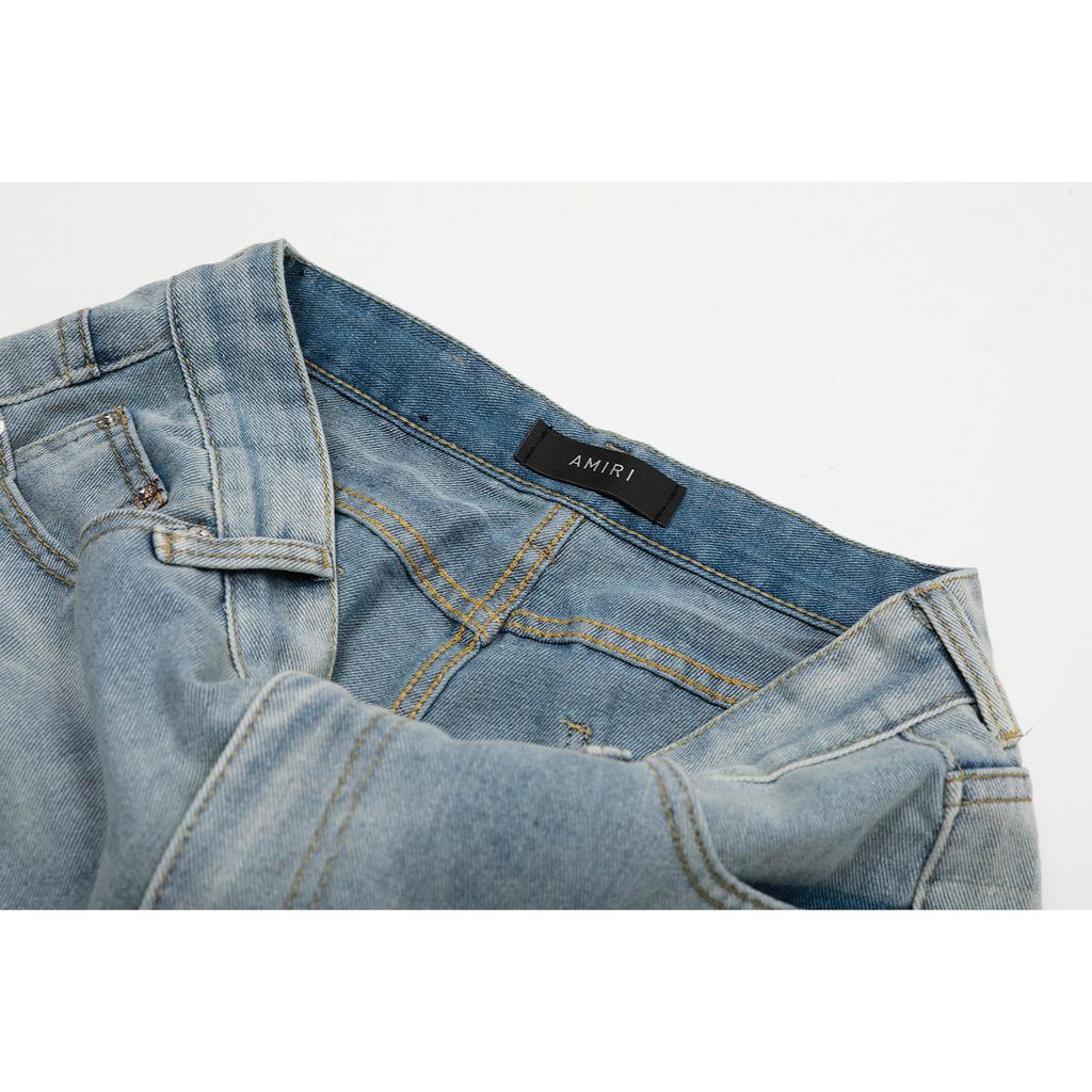 M06 Amiri Men's and Women's American Style Trendy Jeans with Fabric Patches, Holes, Embroidery, Casual and Fashionable High Street Pants